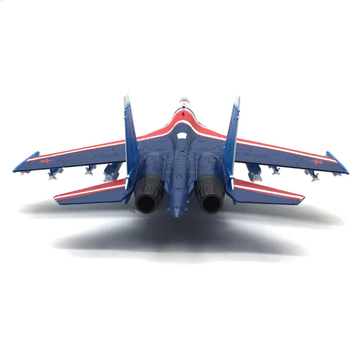 NUOTIE SU-35 diecast metal model in blue and red, rear view showcasing engines