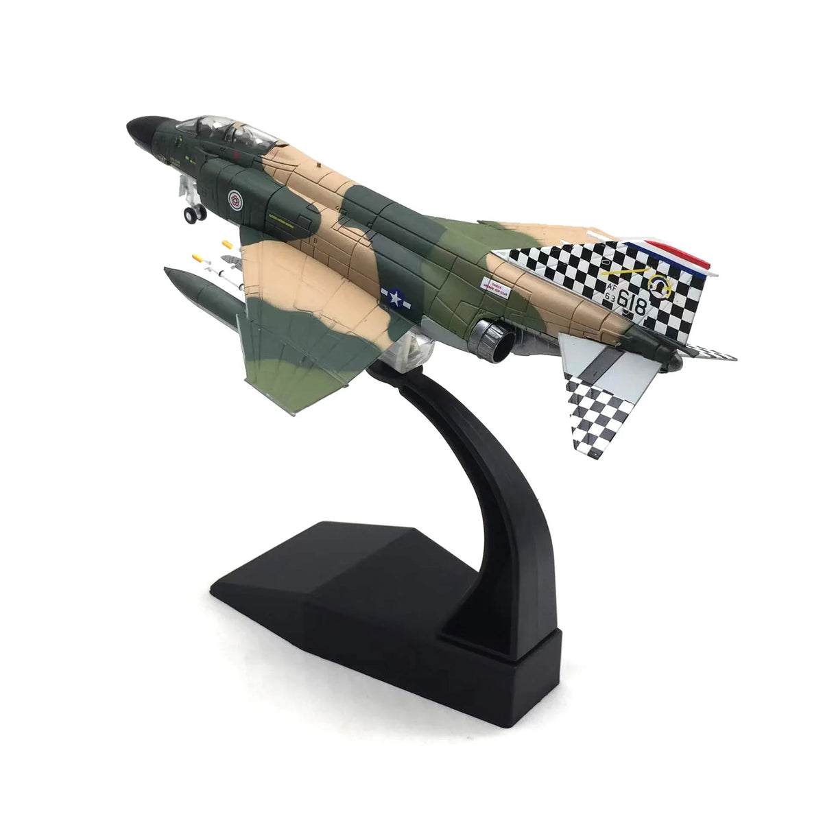 NUOTIE 1/100 scale F-4C Phantom II diecast metal model in navy and camouflage with stand, rear view.