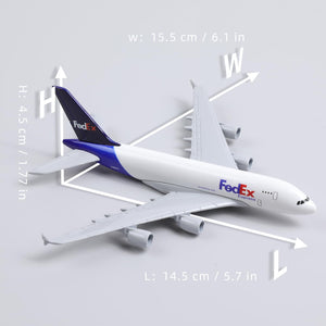 QIYUMOKE FedEx Airbus A380 diecast model aircraft with dimensions displayed