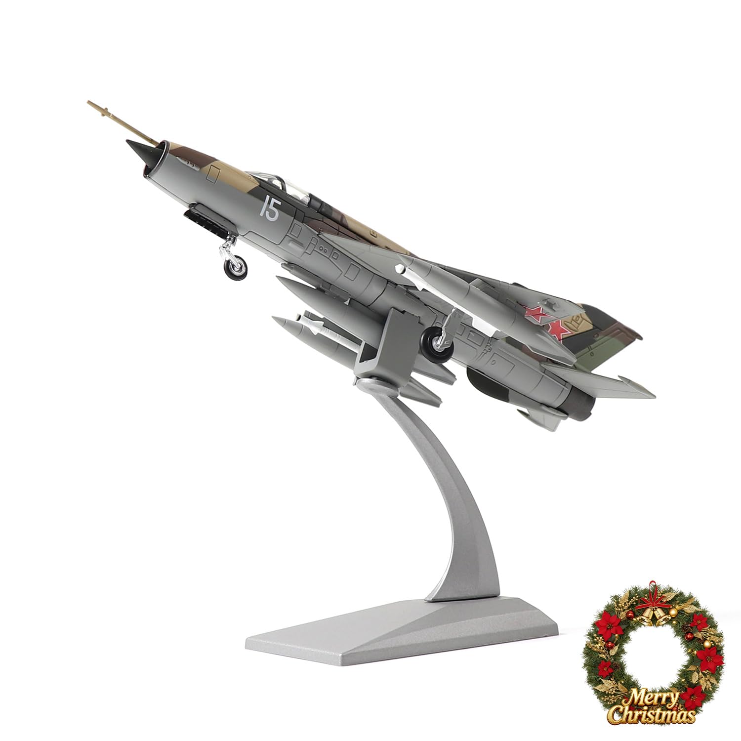 NUOTIE Mikoyan MiG-21 diecast metal model aircraft in gray with stand, angled view
