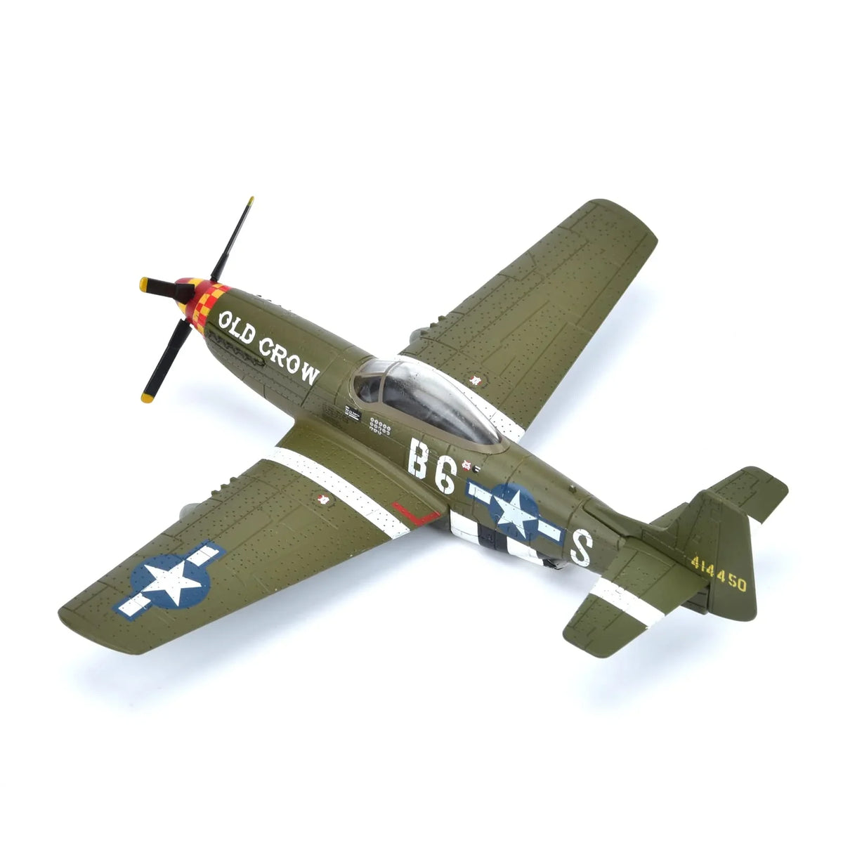 NUOTIE P-51 Mustang diecast model in green with stand, angled top view