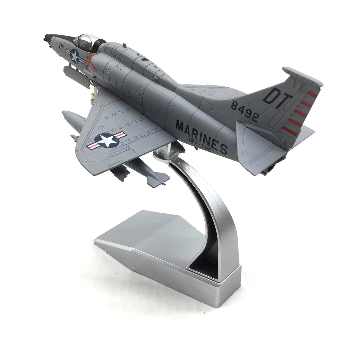 NUOTIE A-4 Skyhawk model in gray with US Marine Corps markings, angled rear view on stand