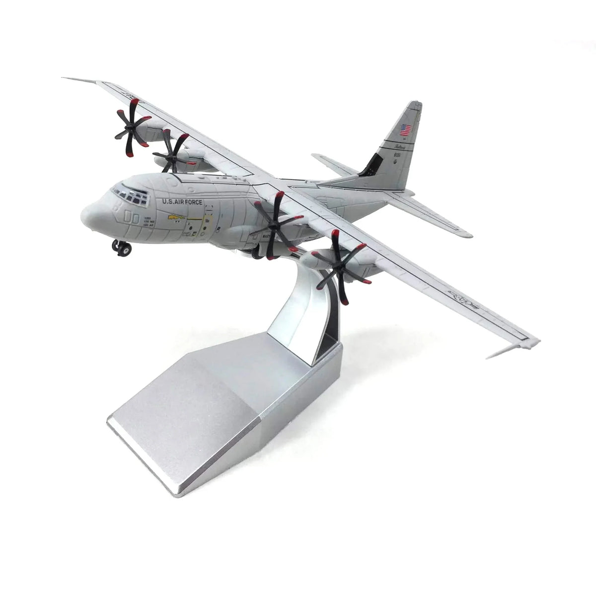 NUOTIE C-130 Hercules diecast model with stand, front view, showing propellers and details.