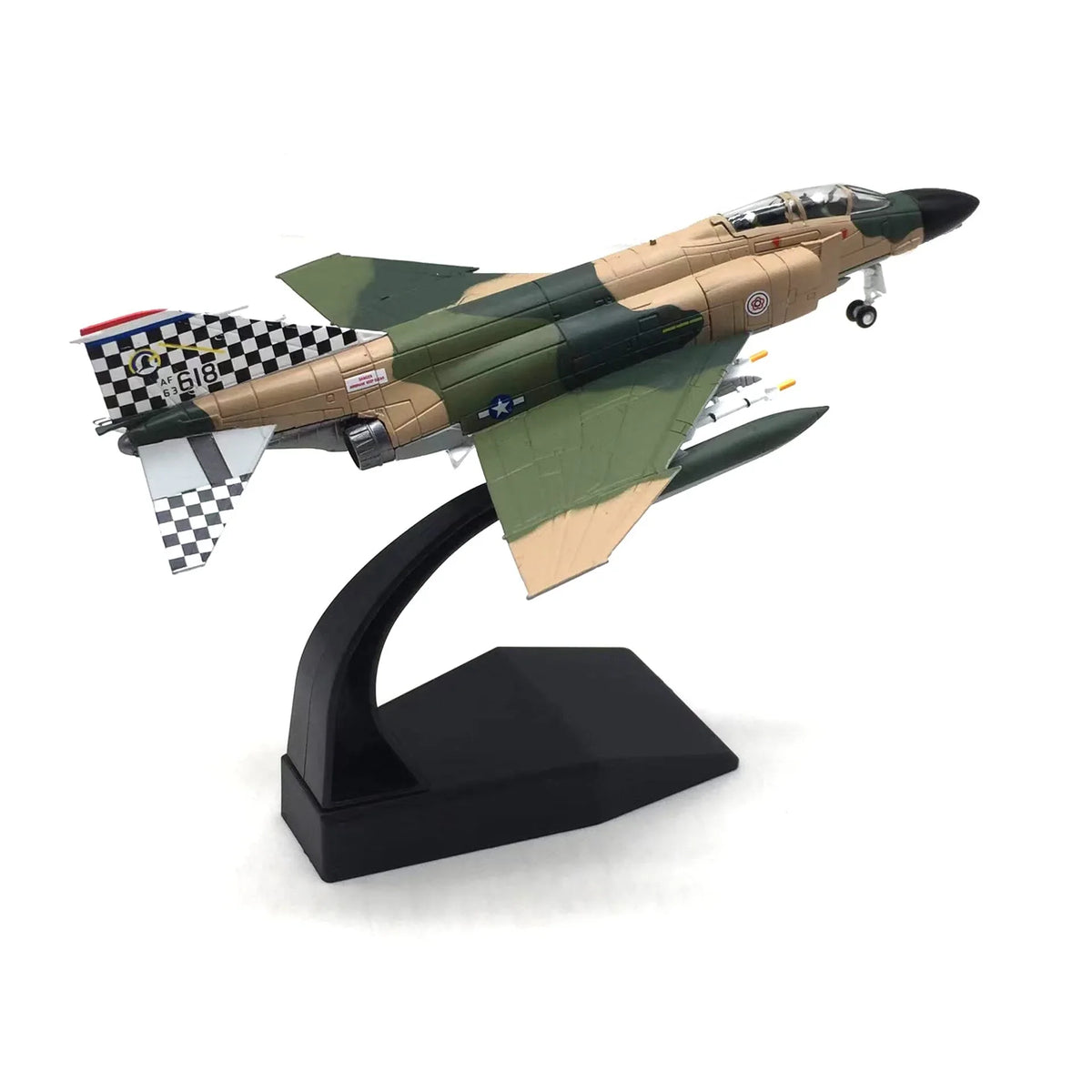 NUOTIE F-4C Phantom II diecast model in navy and green with stand, angled view