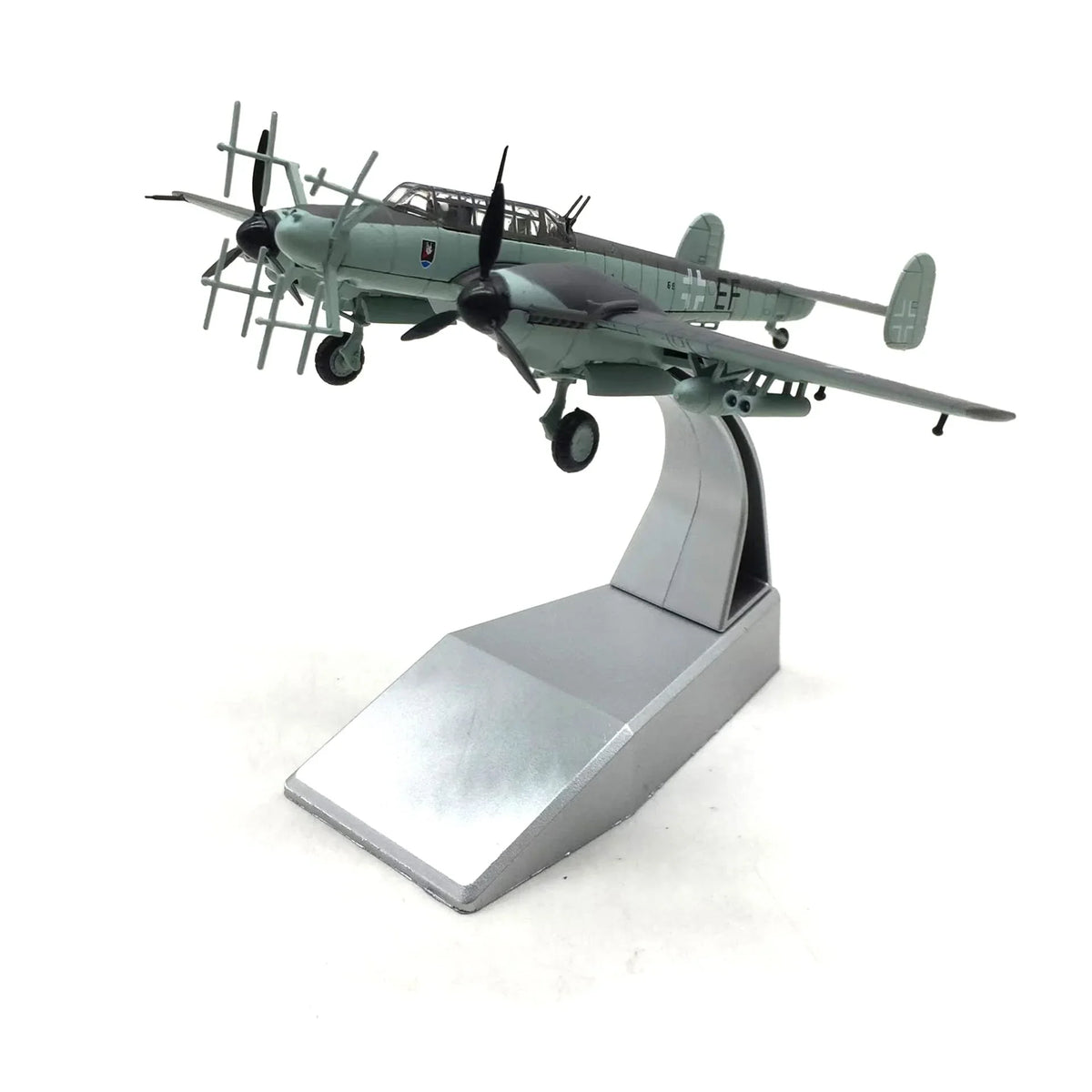NUOTIE Bf-110 G4 model in light green, front view of aircraft with stand