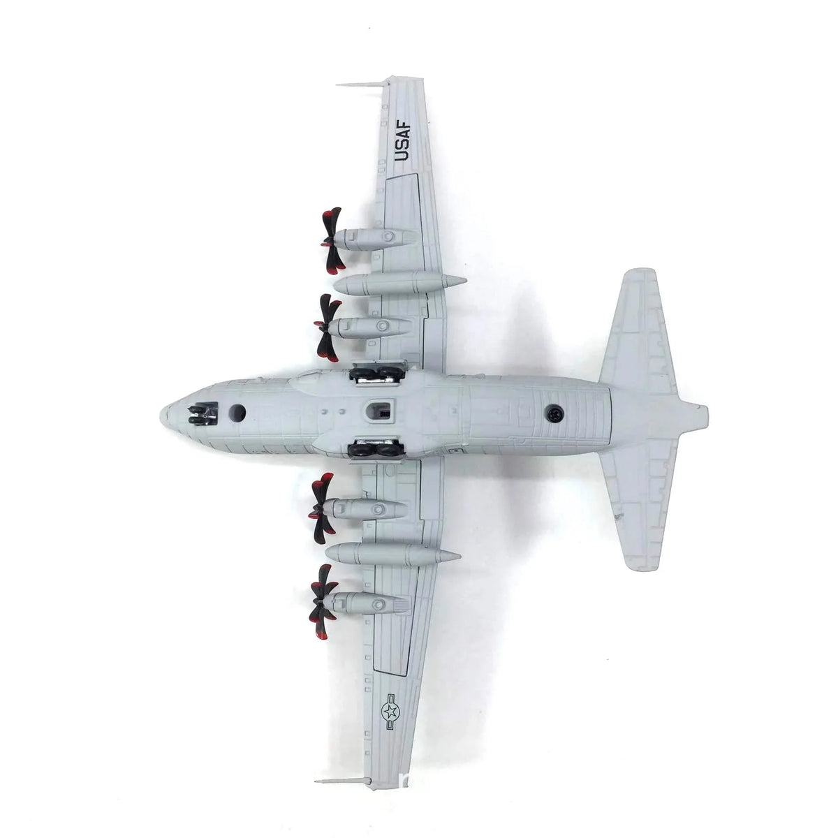 NUOTIE C-130 Hercules diecast model in gray, top view showing propellers