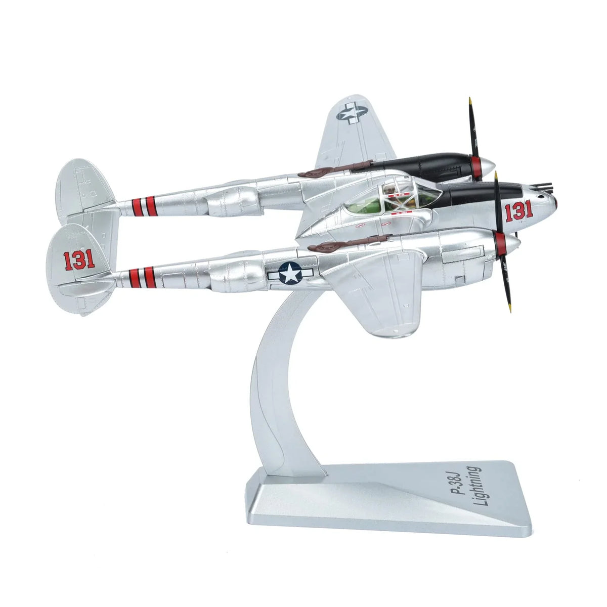 NUOTIE P-38J Lightning diecast model with stand, side profile, WWII US heavy fighter aircraft.