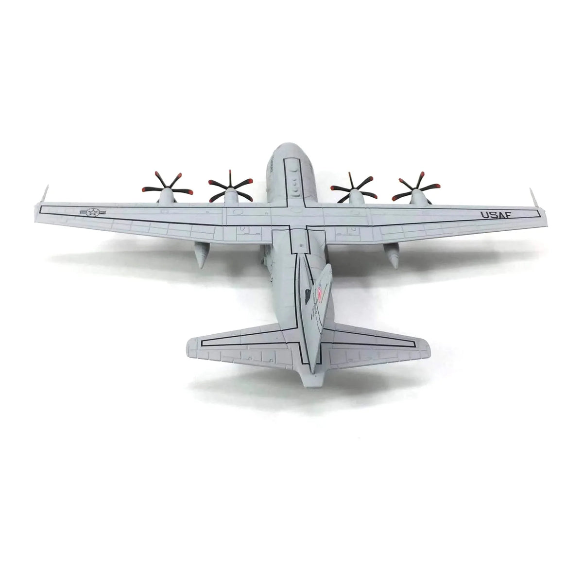 NUOTIE C-130 Hercules diecast model with stand, top view, displaying wings and propellers.
