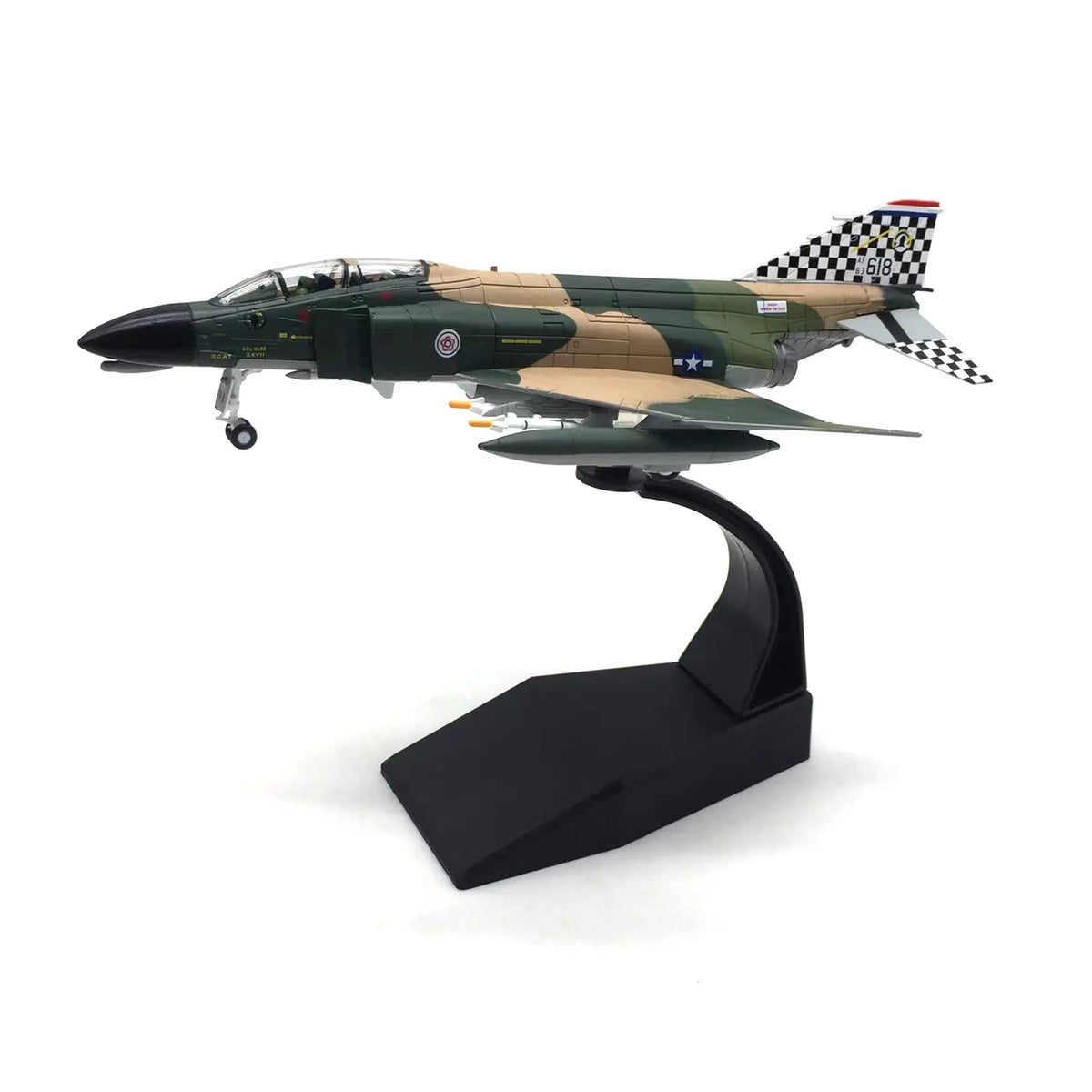 NUOTIE F-4C Phantom II diecast model in navy and green with stand, side profile