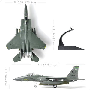 NUOTIE Model F-15E Strike Eagle diecast model aircraft in green, top view with stand dimensions