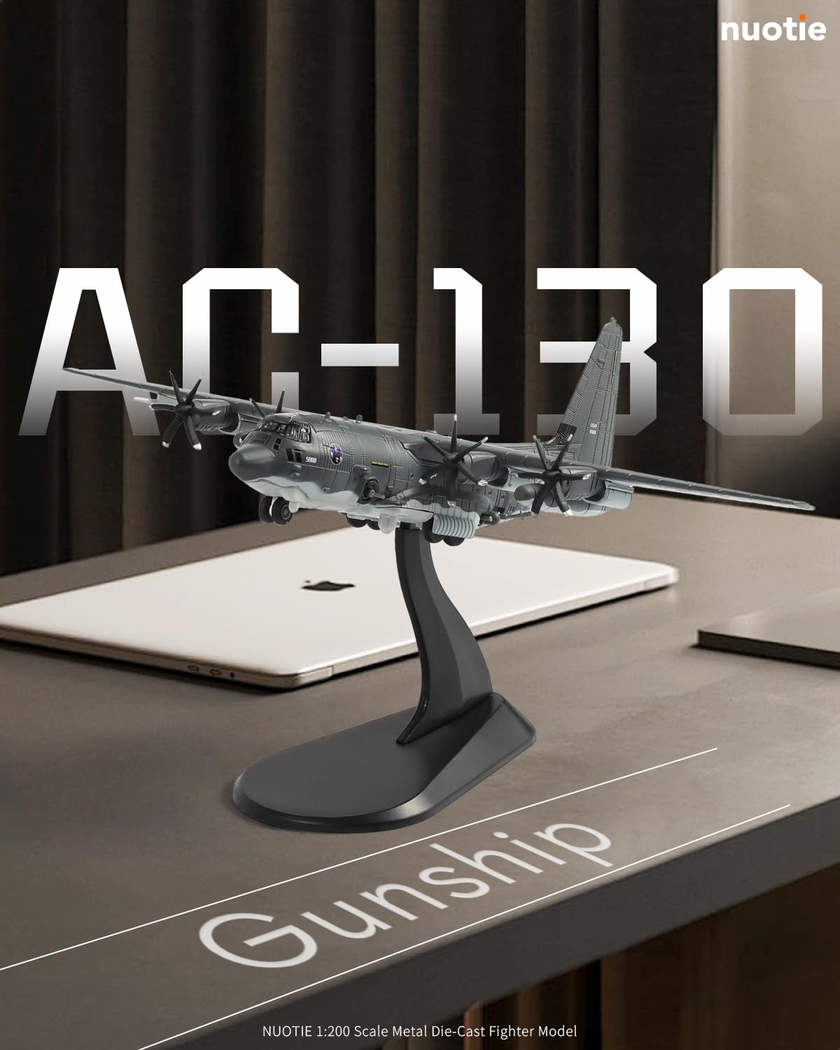 NUOTIE AC-130J Ghostrider model in gray, displayed on a stand, front view