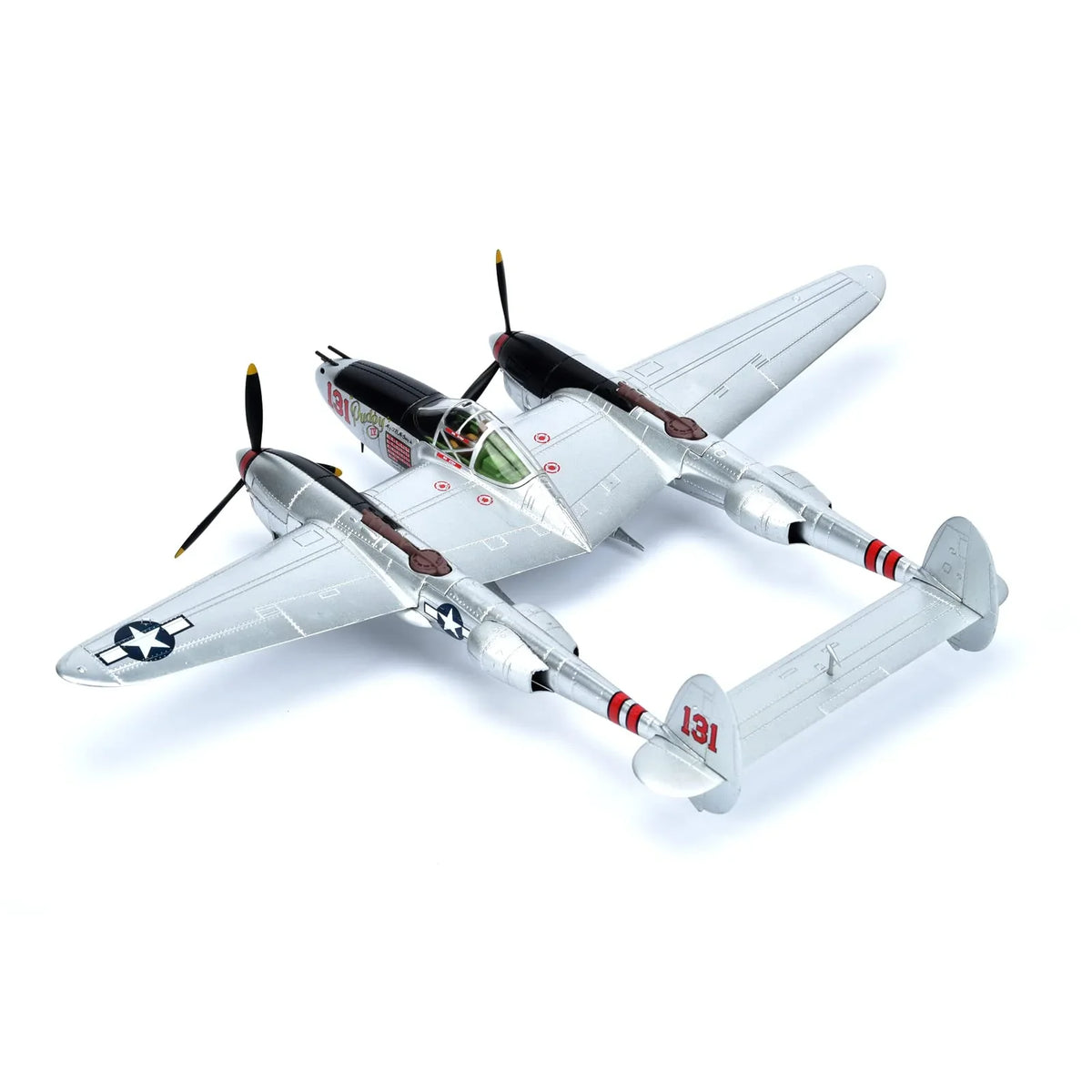 NUOTIE P-38J Lightning diecast model aircraft in silver, top view