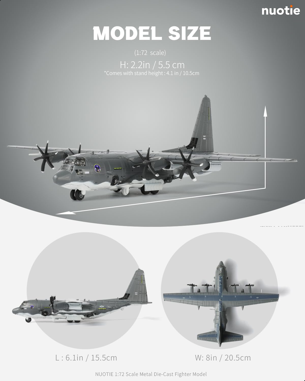 NUOTIE AC-130J Ghostrider gray diecast metal aircraft model with size details