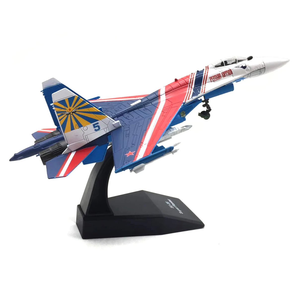 NUOTIE SU-35 diecast metal model in red and blue with stand, angled view