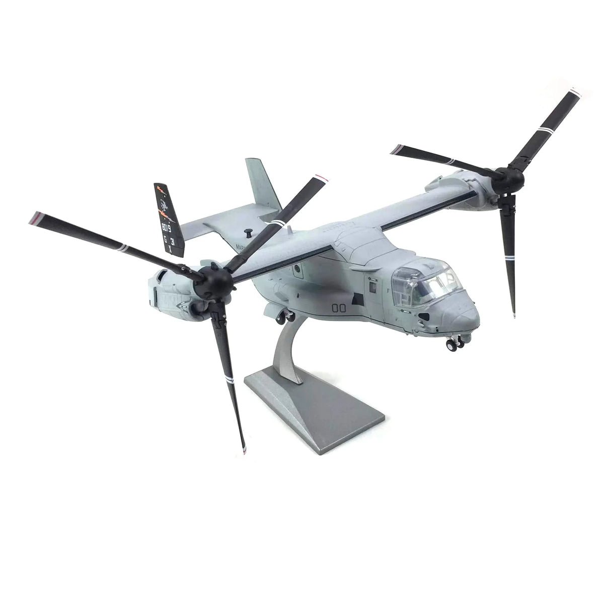 NUOTIE MV-22 Osprey diecast model in gray on stand, angled front view