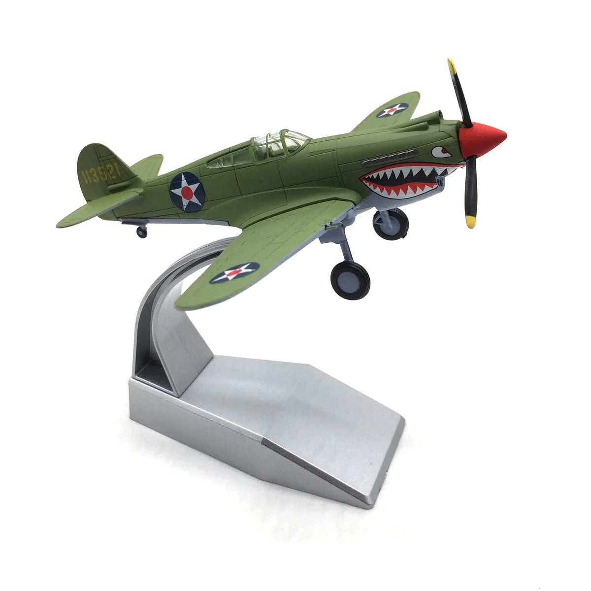 NUOTIE P-40B Tomahawk diecast model with shark mouth design, front view on stand