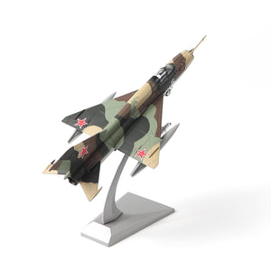 NUOTIE Mikoyan MiG-21 diecast metal model aircraft in camouflage with stand, angled view