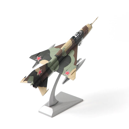 NUOTIE Mikoyan MiG-21 diecast metal model aircraft in camouflage with stand, angled view