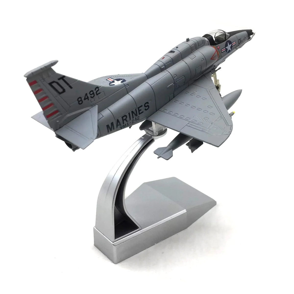 NUOTIE A-4 Skyhawk model in gray with US Marine Corps markings, rear view on stand