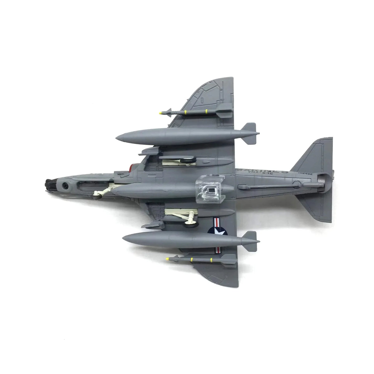 NUOTIE A-4 Skyhawk diecast model in gray with missiles, top view