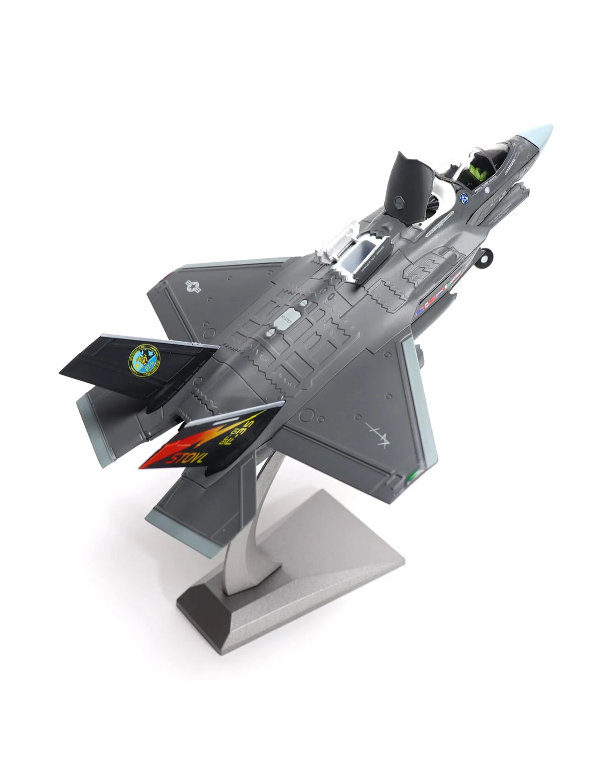 NUOTIE Model F-35B Lightning II diecast metal model aircraft in gray with stand, top view showing cockpit.