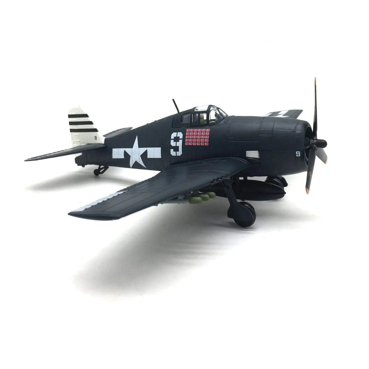 NUOTIE F6F Hellcat diecast model in navy with white star markings, close-up side view.