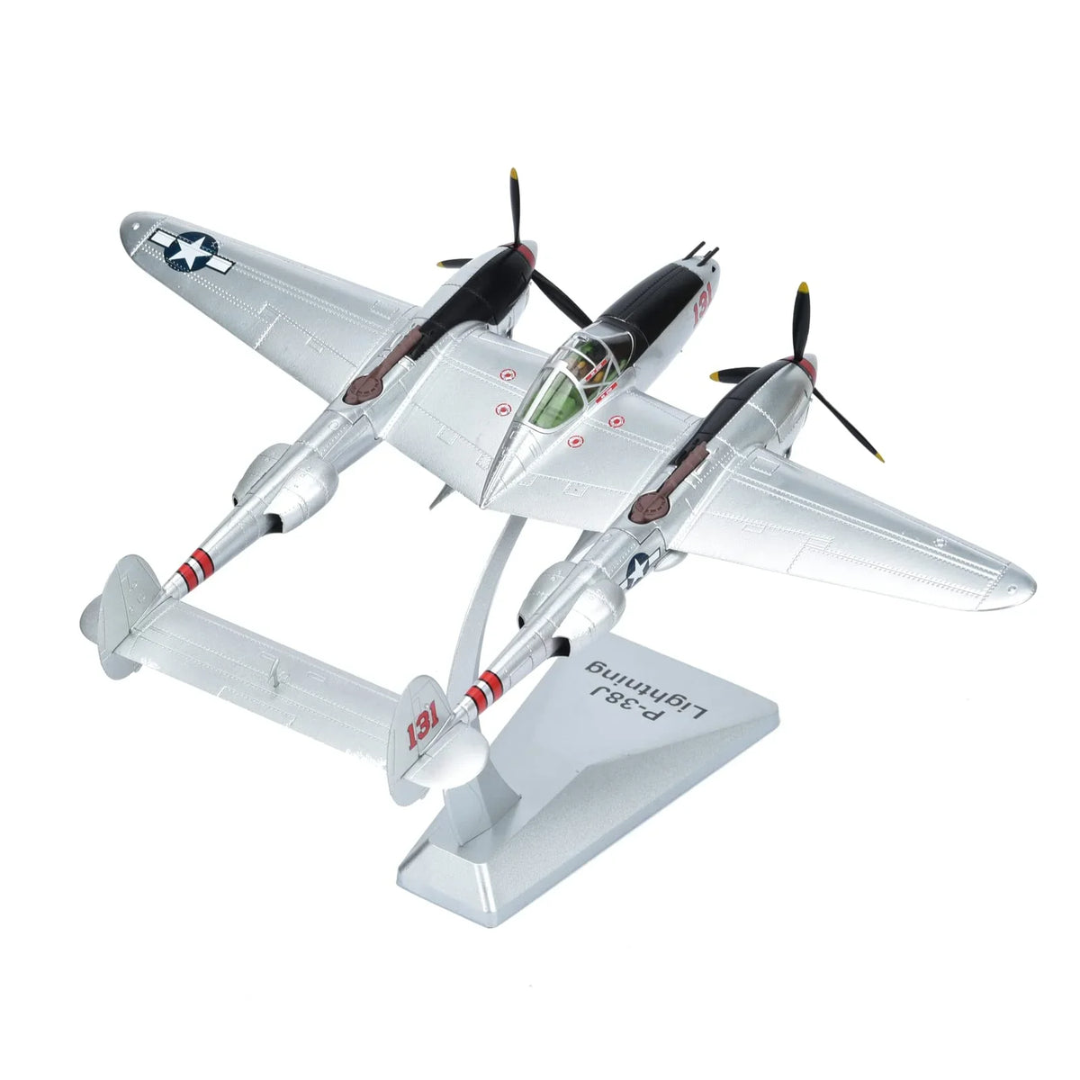 NUOTIE P-38J Lightning diecast model with stand, top view, WWII US heavy fighter aircraft.