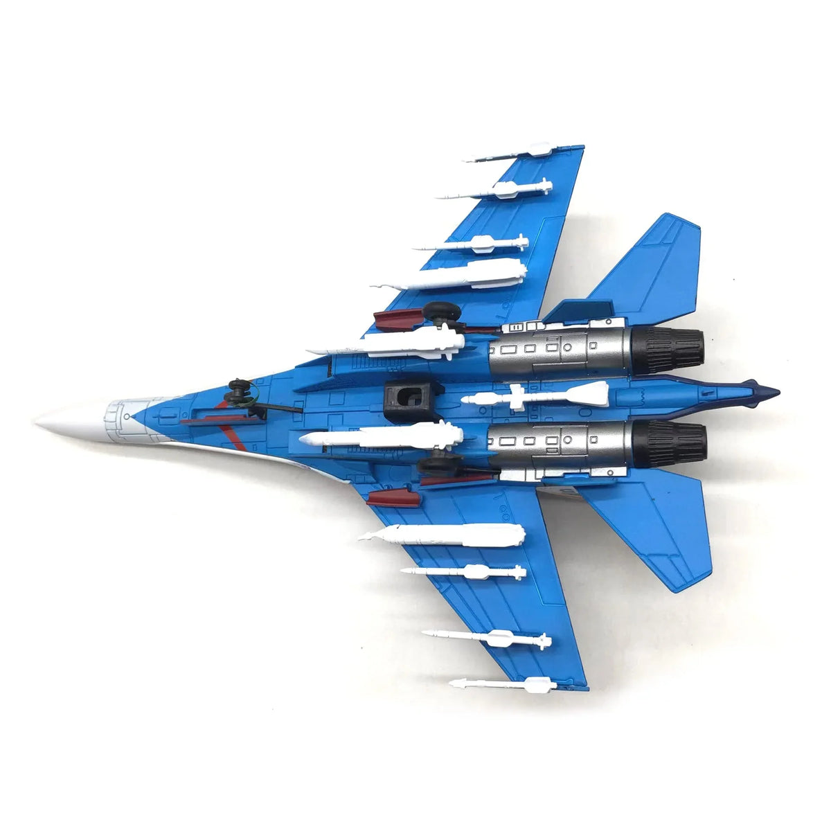 NUOTIE SU-35 diecast metal model in blue with missiles, top view