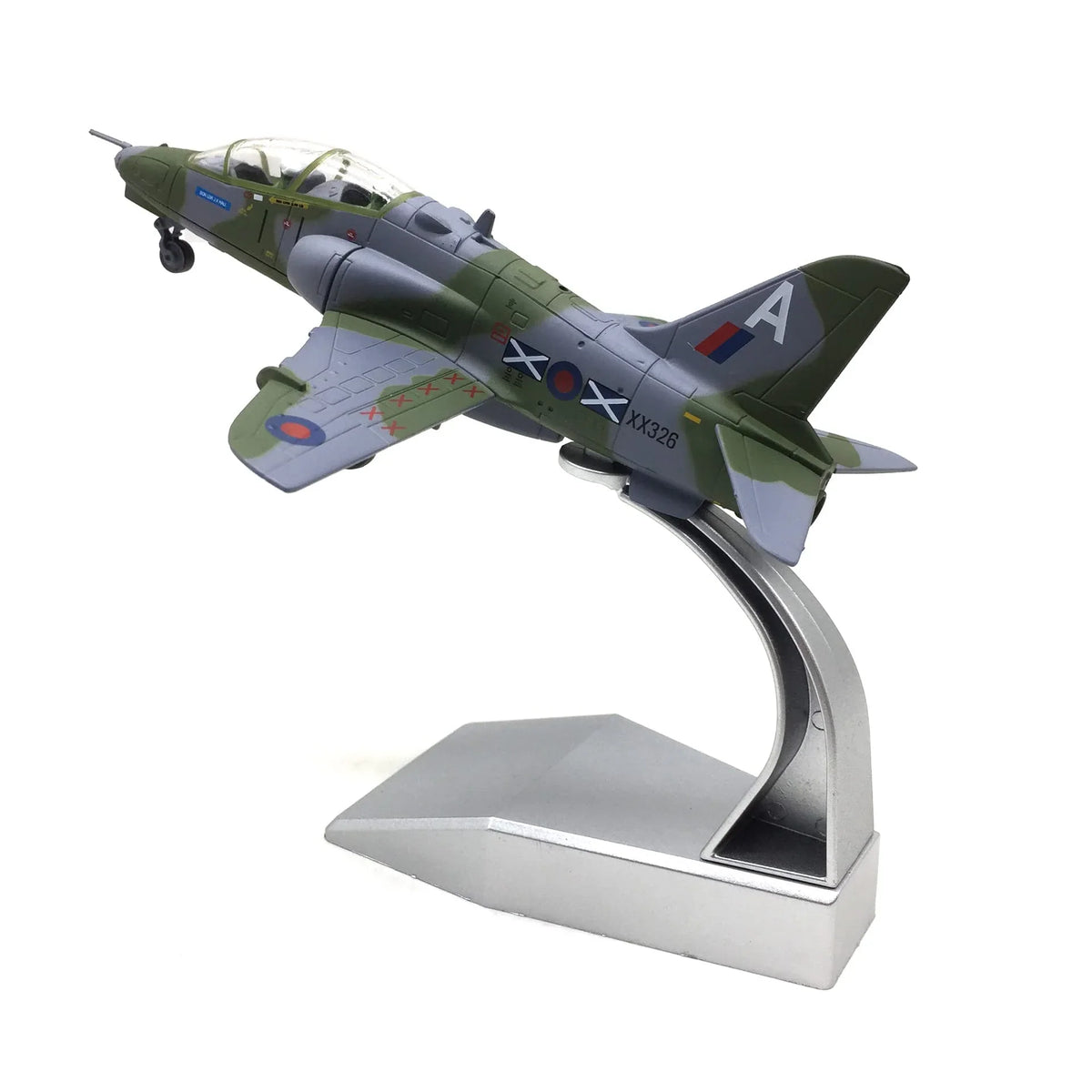 NUOTIE 1/100 BAE Systems Hawk diecast model aircraft in green with stand, angled view