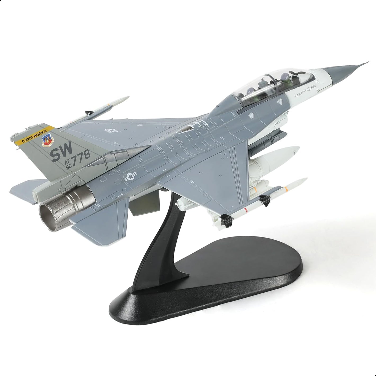 NUOTIE F-16D Fighting Falcon model in gray with missiles, side profile view