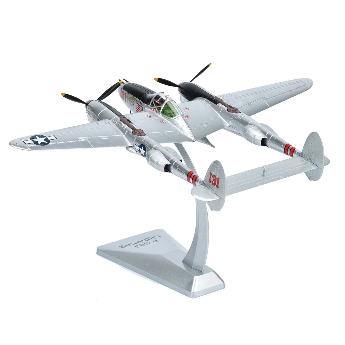 NUOTIE P-38J Lightning diecast model aircraft in silver with stand, front view