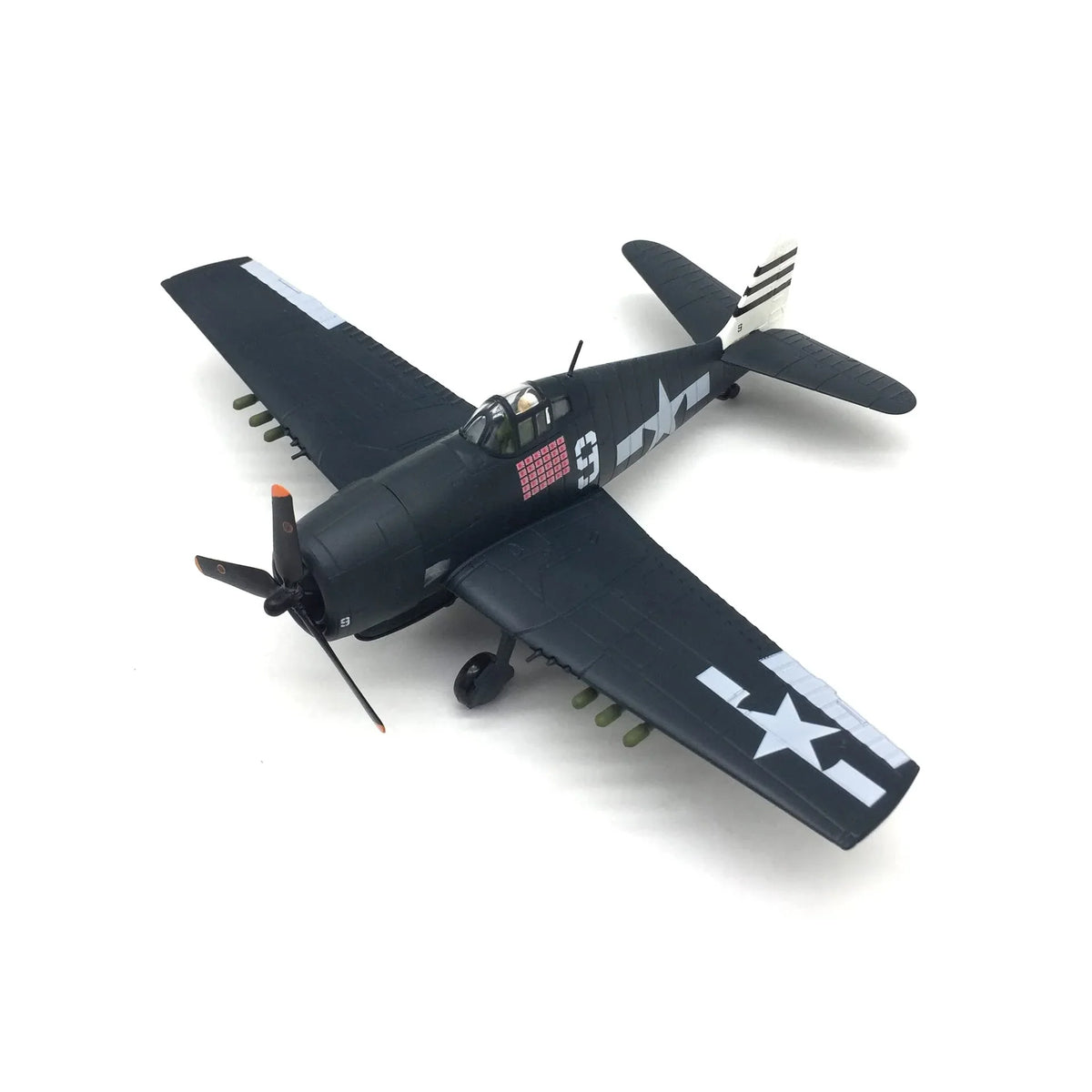 NUOTIE F6F Hellcat diecast model in navy color, angled view, highlighting propeller and markings.