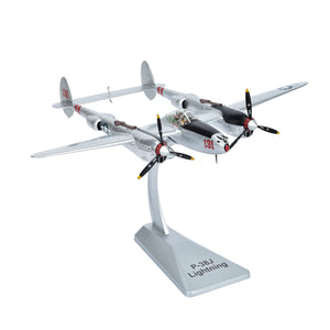 NUOTIE P-38J Lightning diecast model on stand, side view, WWII US heavy fighter aircraft.