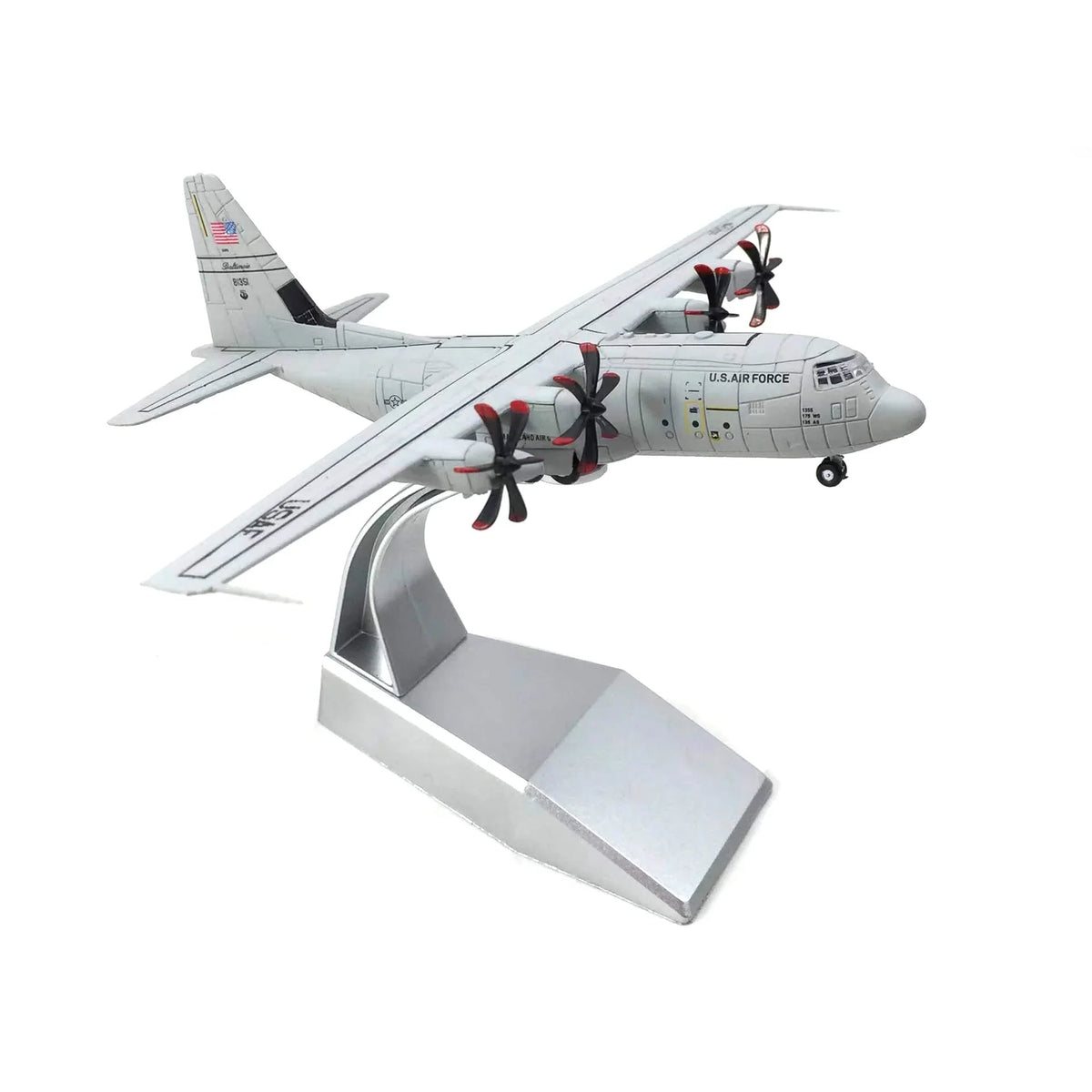 NUOTIE C-130 Hercules diecast model with stand, side view, highlighting the aircraft's design and markings.