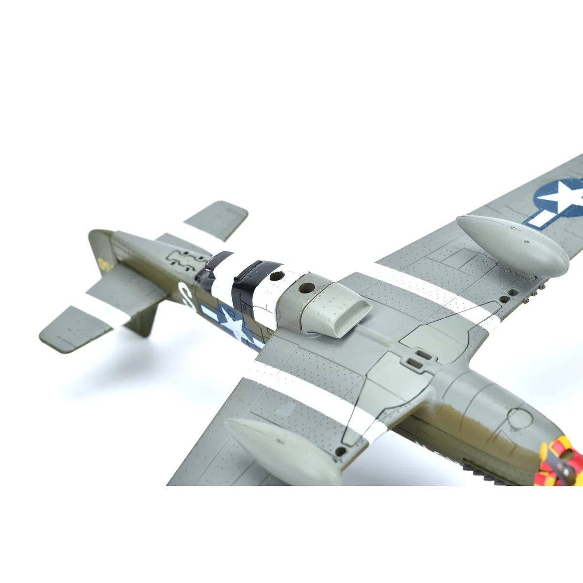 NUOTIE P-51 Mustang diecast model in gray with stripes, top view