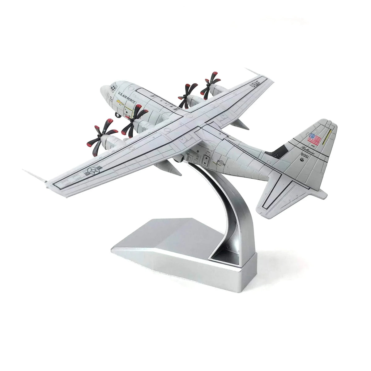 NUOTIE C-130 Hercules diecast model with stand, angled view, US military design