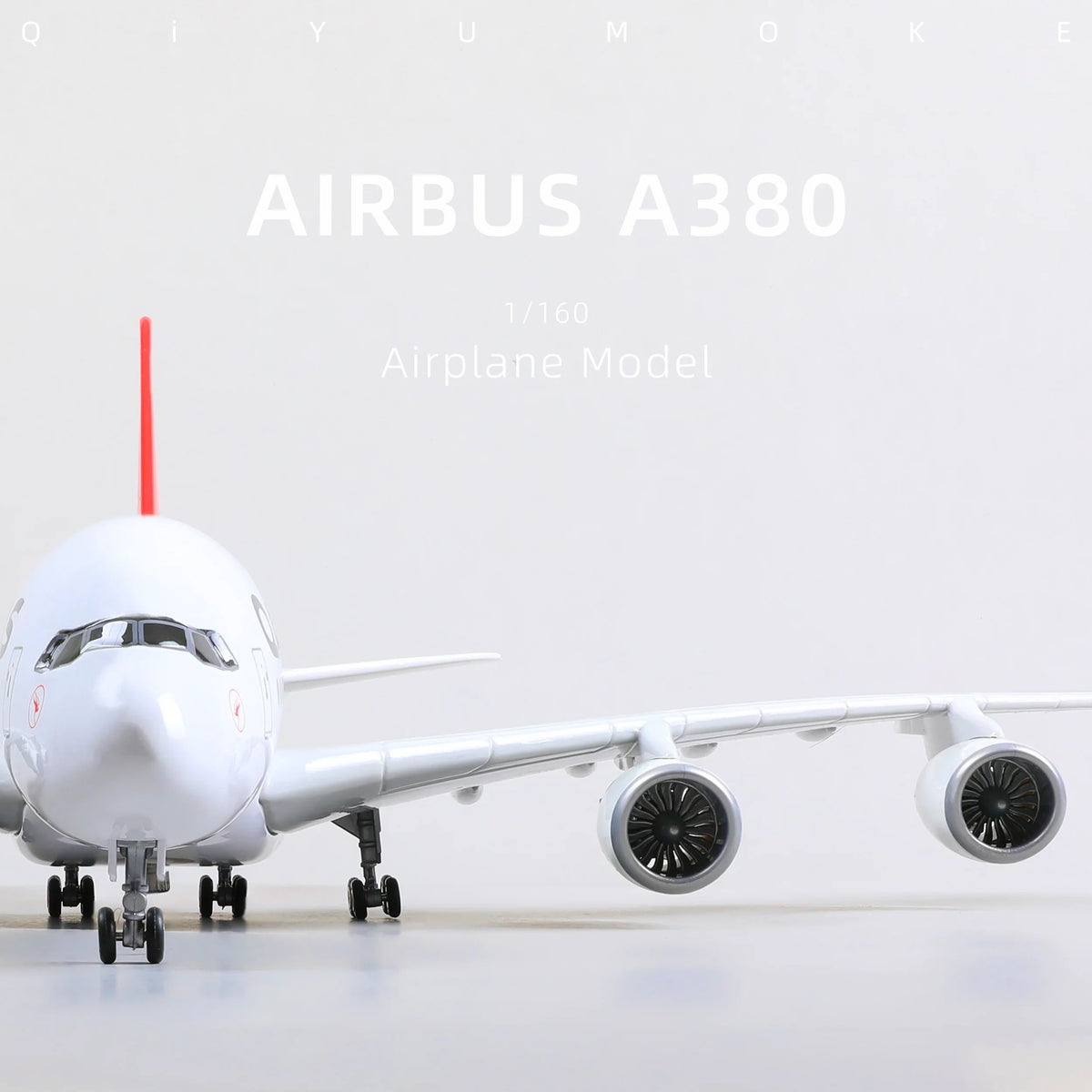 QIYUMOKE Airbus A380 model in Qantas livery, close-up view of the nose and engines