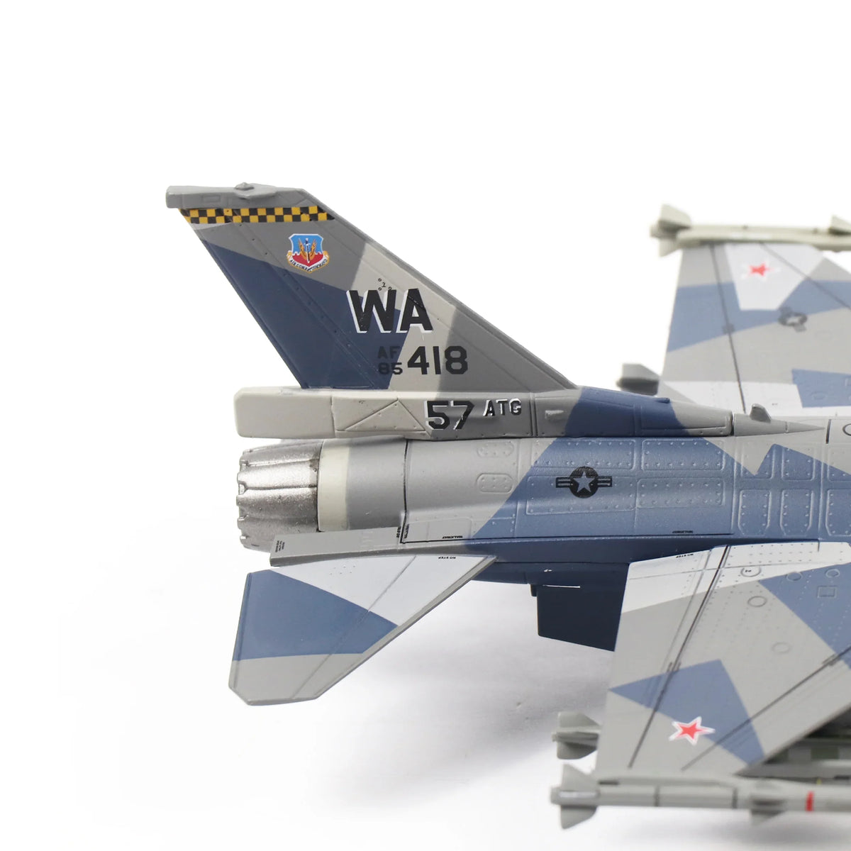 NUOTIE F-16C Fighting Falcon model in splinter camo, rear view showing tail details, aircraft