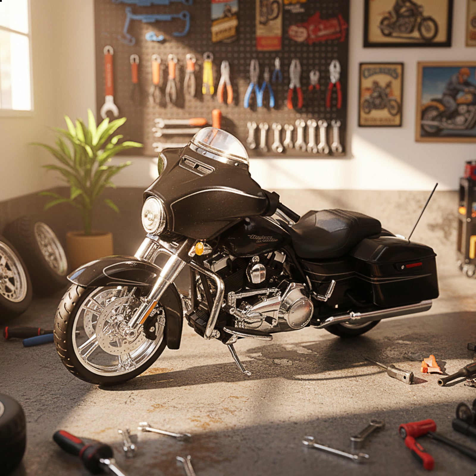 Maisto 2015 Street Glide Special motorcycle toy in black, displayed in a workshop setting