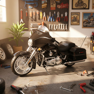 Maisto 2015 Street Glide Special motorcycle toy in black, displayed in a workshop setting