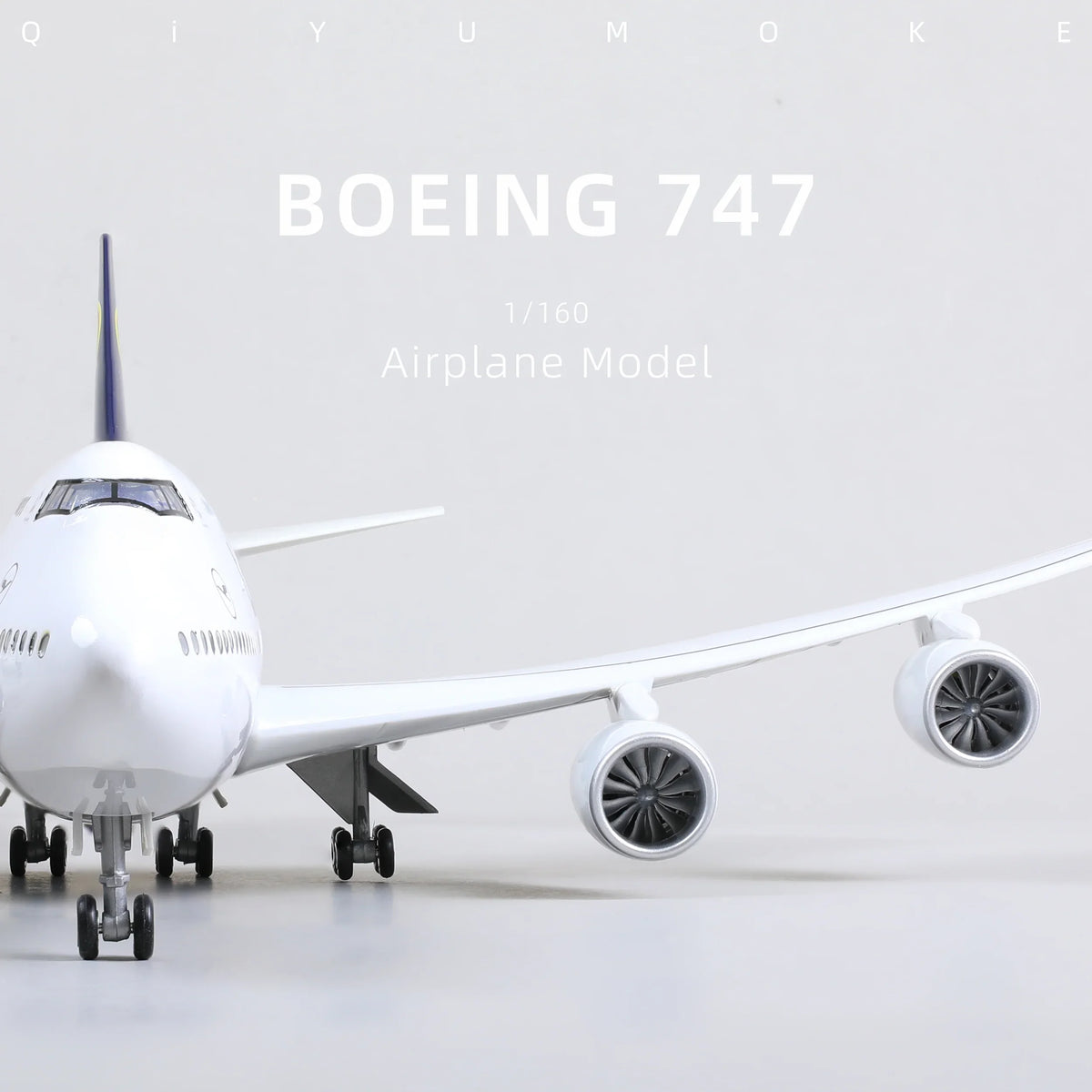 QIYUMOKE Boeing 747 airplane model, rear view showcasing engines and wings
