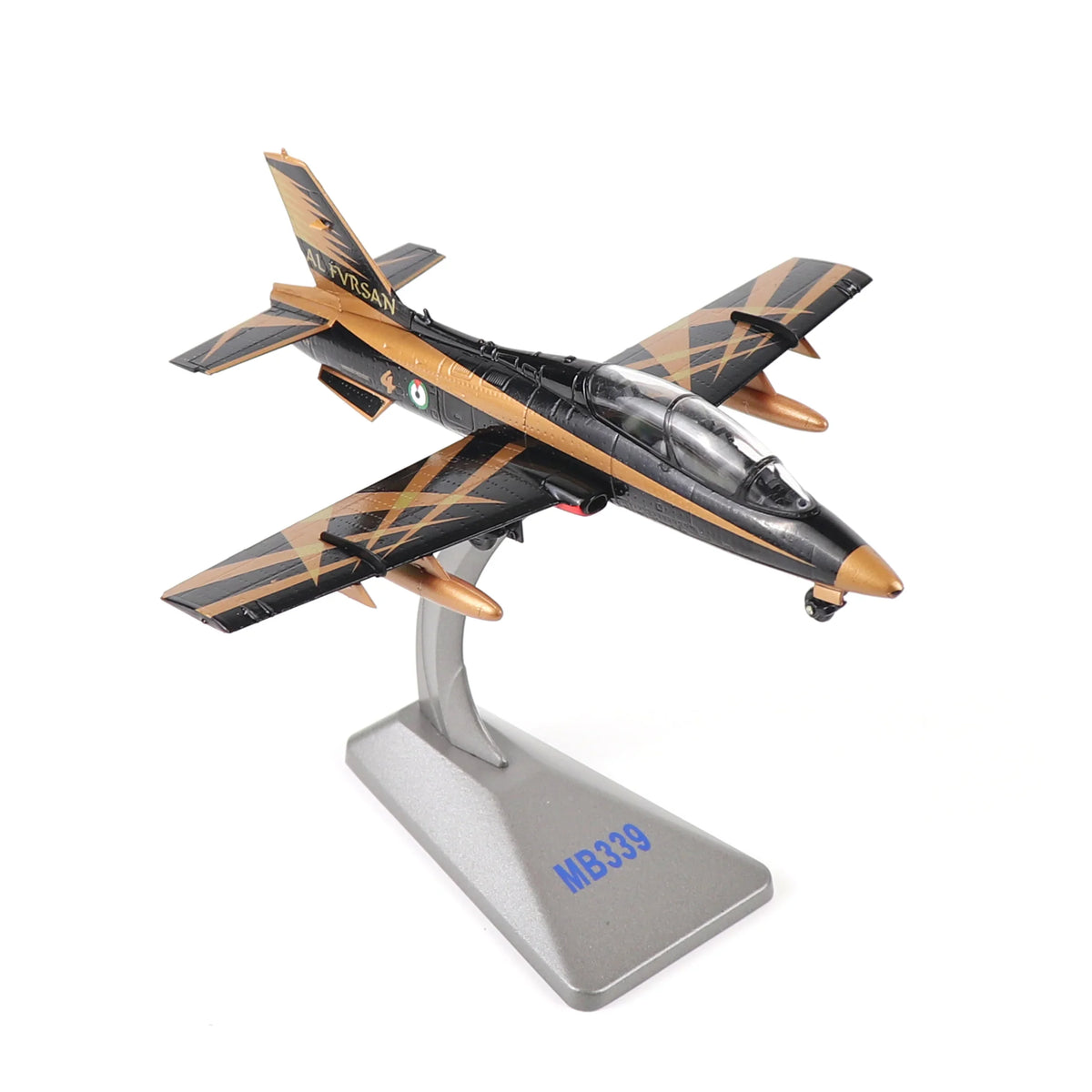 1/72 scale MB-339 diecast metal model jet with black and gold livery on a display stand