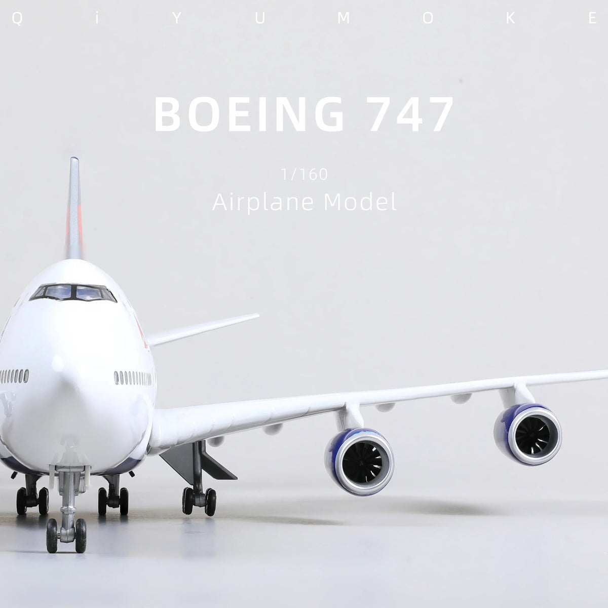 QIYUMOKE Boeing 747 diecast airplane model in front view showcasing engines