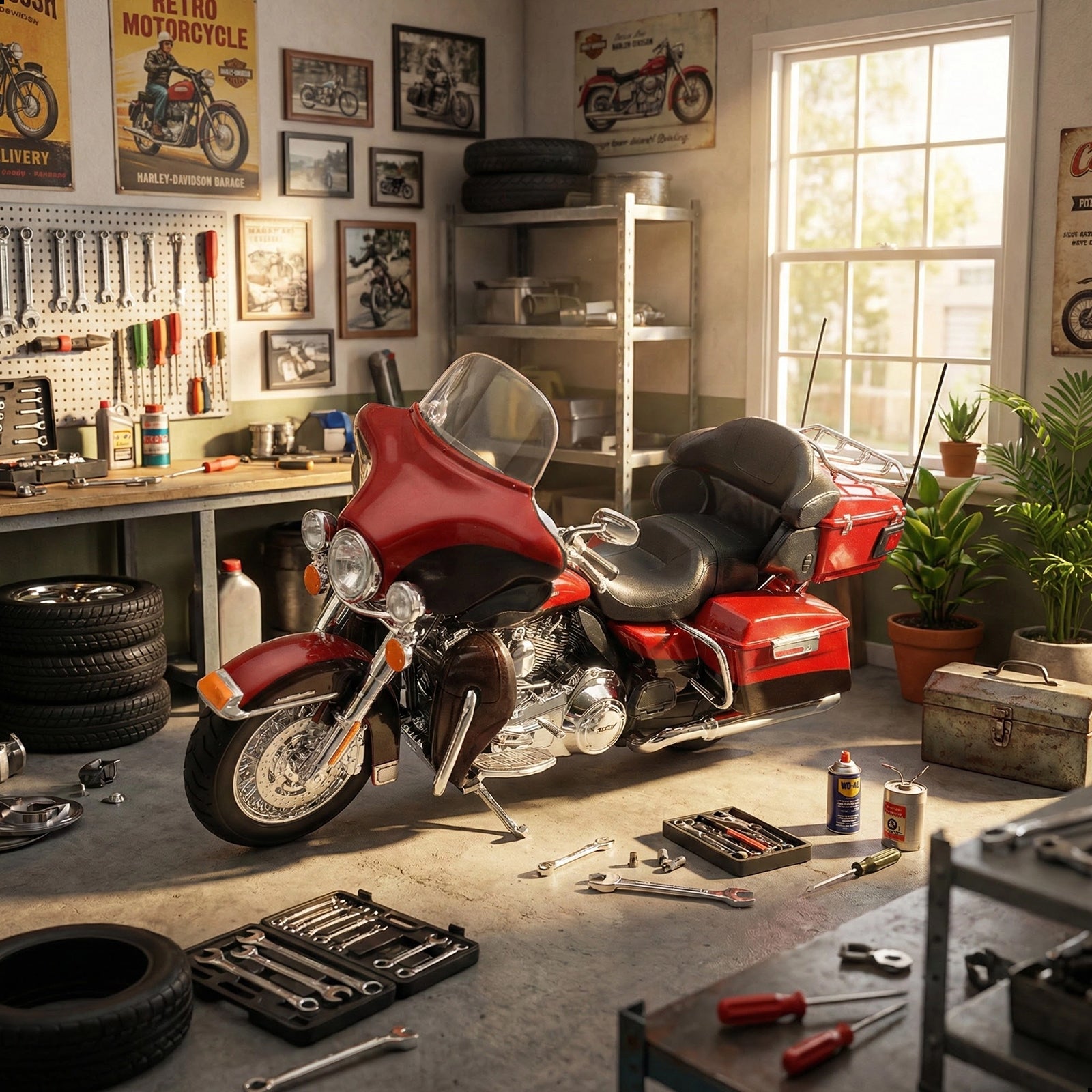 Maisto Electra Glide Ultra Limited motorcycle toy in a garage setting