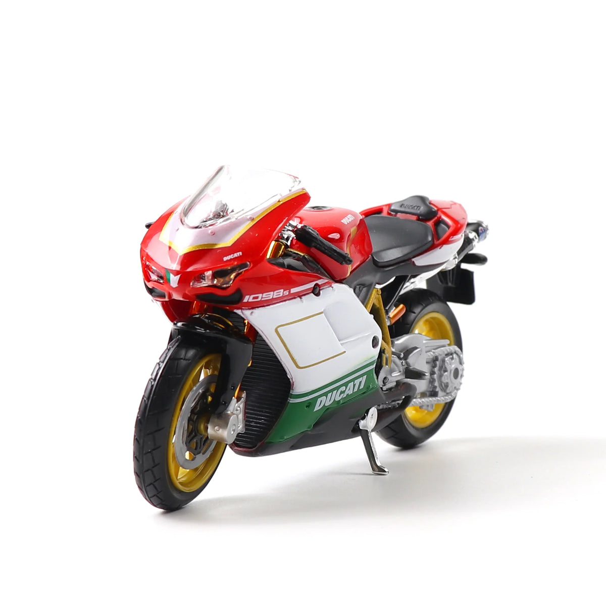 Maisto 1:18 die-cast Ducati 1098S motorcycle model, front view highlighting red design and details