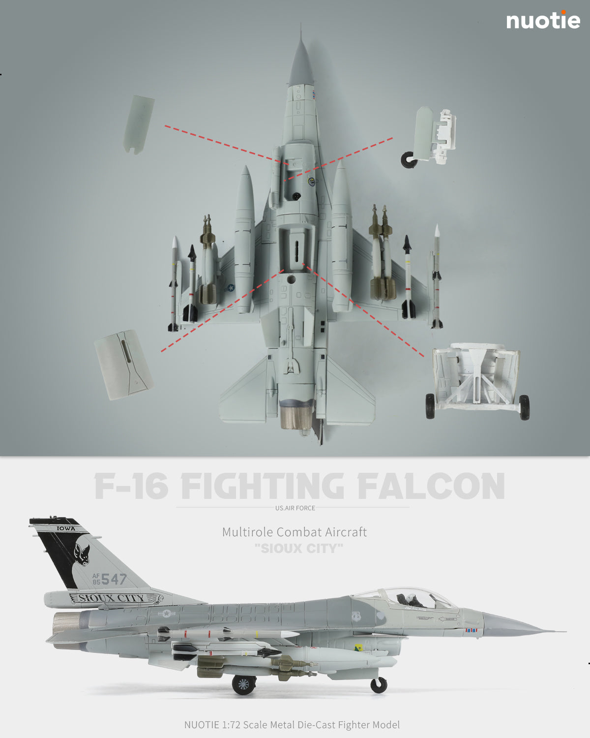 NUOTIE F-16 Fighting Falcon model disassembled with parts labeled, top view