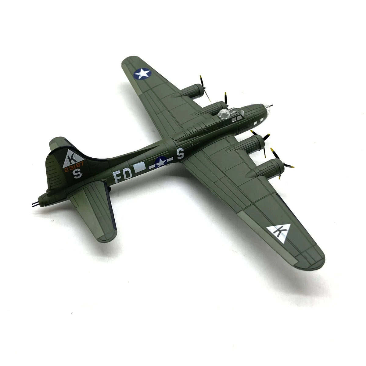 NUOTIE Model B-17F Flying Fortress diecast model aircraft in green with star insignia, angled top view