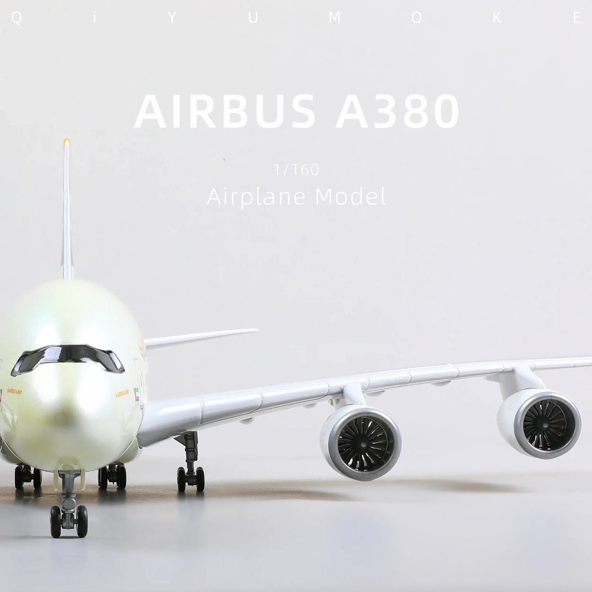 QIYUMOKE Airbus A380 model with visible engines, frontal view