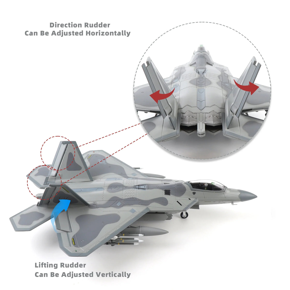 NUOTIE F-22 Raptor model showing adjustable rudders, aircraft side profile