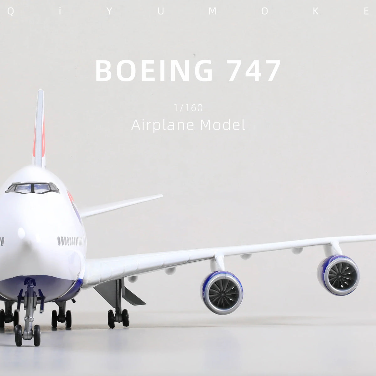 QIYUMOKE Boeing 747 airplane model, rear view showcasing engines and tail design